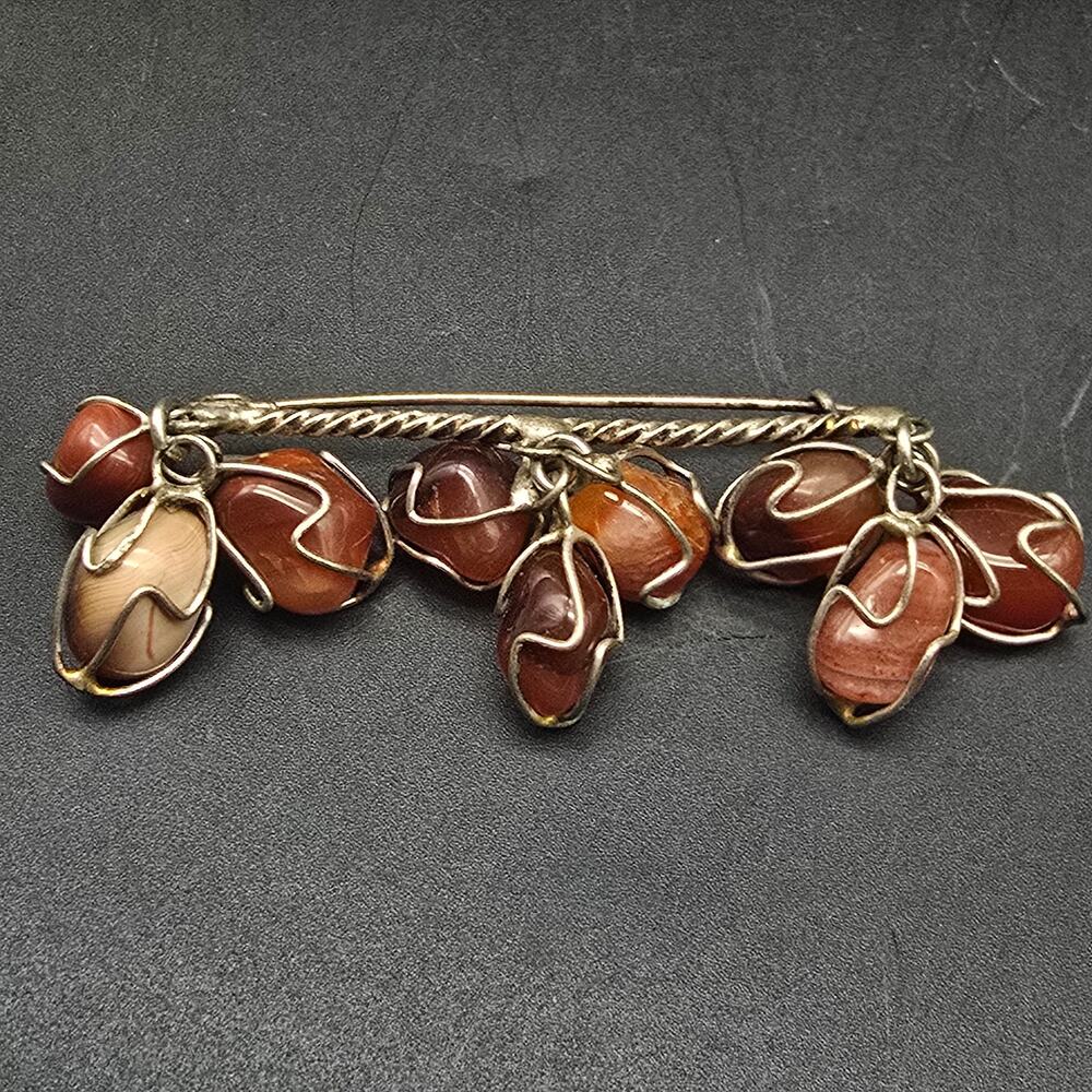 Red Agate Gemstone Brooch Wire Wrapped Silver Tone